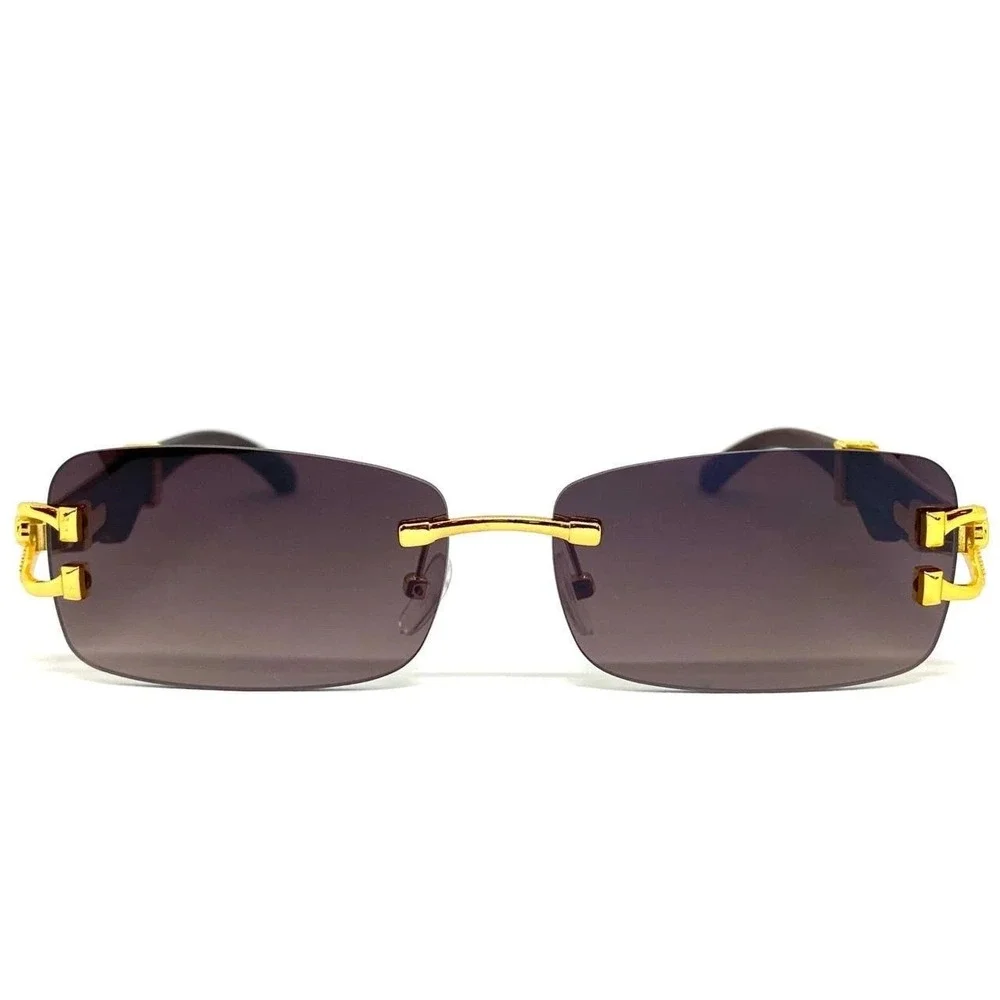Womens Rimless Rectangle Sunglasses Gold Panther Wood Grain Black  Gradient Lens
